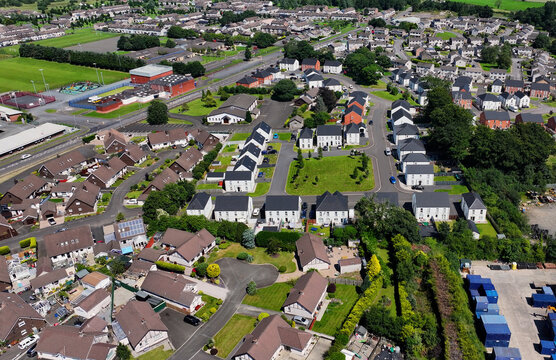 Aerial video Residential homes in Ballymena Town Antrim Northern Ireland