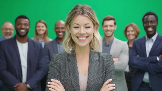 Confident Leader and Collaborative Team: A professional woman stands confidently at the forefront of a diverse, smiling team against a vibrant background, embodying leadership and cooperation.