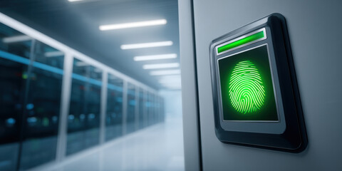 Secure data center fingerprint access panel glowing green with corridor lights