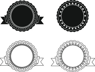 Set of blank vintage circular badge templates with decorative ribbons and stars, black and white emblem frames for product quality assurance.