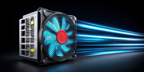 High speed data secure cooling unit with glowing airflow and futuristic blue light energy