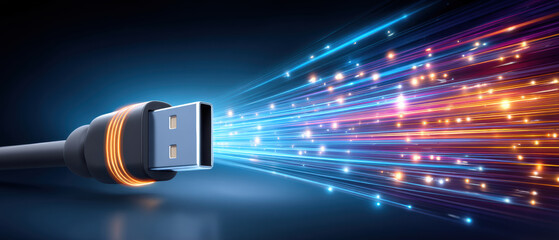 Fast data secure transfer cable with glowing fiber light streaks and digital motion