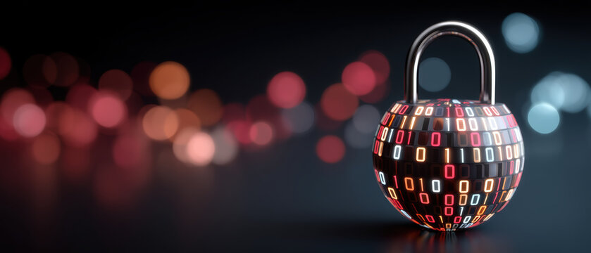 Data secure padlock glowing with binary code symbolizing digital protection and privacy - Powered by Adobe