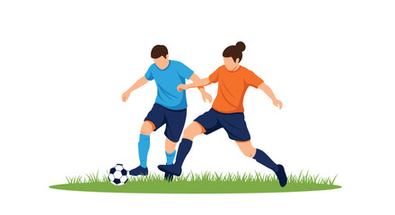 Obraz premium Two male soccer players competing for the ball on a green grass field during a competitive football match or training session.