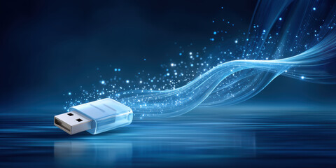 Secure data transfer flash drive glowing stream of digital particles