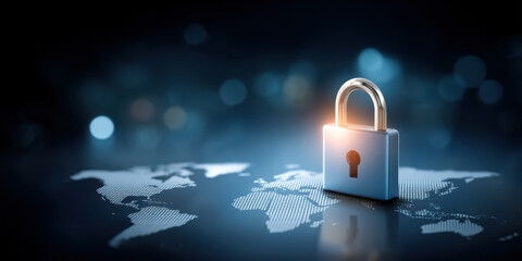 Secure data padlock on digital world map glowing lock symbol for data secure network