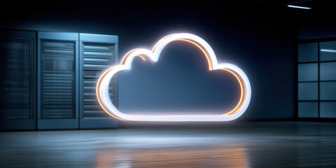 Neon cloud data secure symbol glowing in server room conveying modern protection