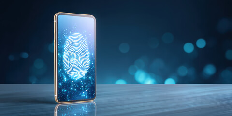 Smartphone display with glowing fingerprint symbol and secure data protection in digital space