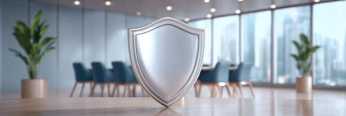 Fototapeta premium Secure data shield standing in modern office with blurred city view and calm mood