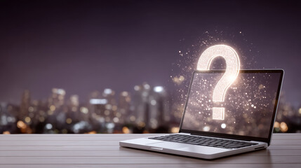 Secure data concept with glowing question mark above laptop symbolizing mystery and protection