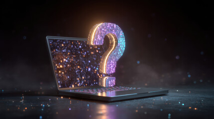 Glowing question mark over laptop screen with data secure concept in neon lights