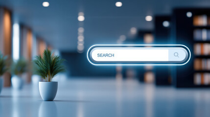 Search bar data secure office search interface glowing search field modern workspace plant