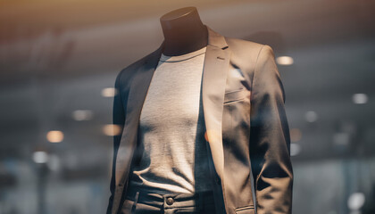 A mannequin wearing a gray suit jacket and white shirt on display in a store with a blurred background.