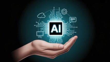 AI Technology in Hand: A conceptual representation of artificial intelligence, with a circuit board design at its core, gently cradled in a human hand, showcasing technological progress.