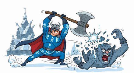 Fototapeta premium Superhero in blue costume with horned helmet wielding a doublebladed axe against a monster.