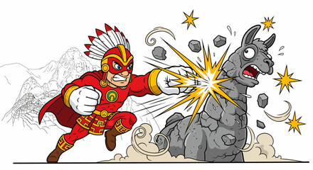 Superhero punches stone llama statue with dynamic action and vibrant colors.