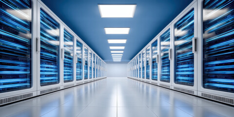 Data secure server room aisle with glowing racks and cool blue lighting evoking modern technology