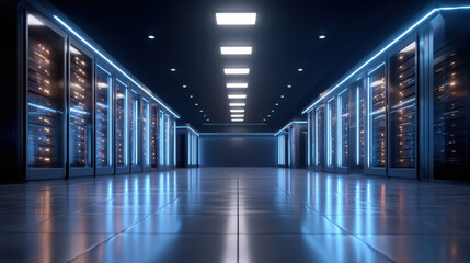 Secure data center corridor with glowing server racks and cool blue lighting creating calm