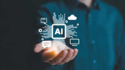 AI technology in hand: A person's hand delicately cradles a digital AI system, highlighting the seamless integration of artificial intelligence into the everyday.