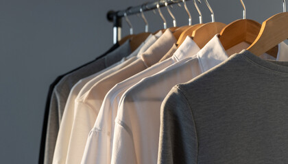 Close-up of assorted casual shirts hanging on a clothing rack with wooden hangers against a gray background.