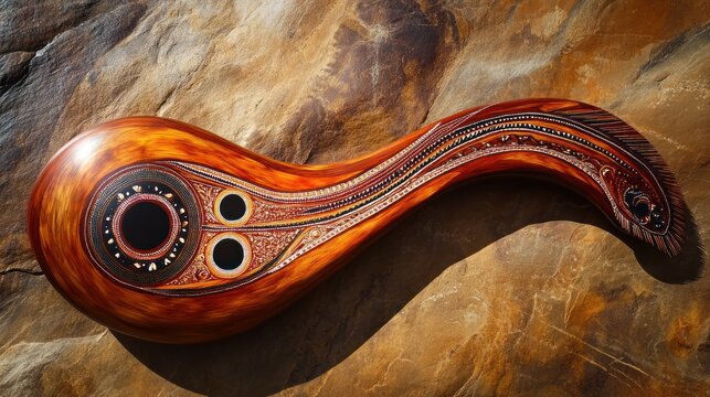 Australian Aboriginal bullroarer, painted wood, when imagined swung, creates trails of light and echoes of the dreamtime, sunset lighting