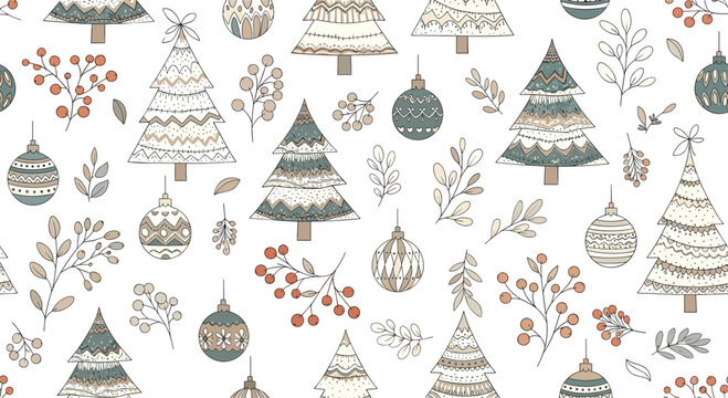 A beautiful seamless Christmas pattern with stylized trees, ornaments, and winter berries in a rustic, hand-drawn folk art style.