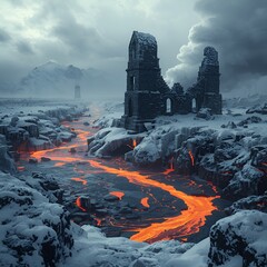 burning volcano in the forest