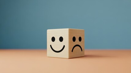 Smiling & Frowning: Depicting duality, a wooden block presents both a cheerful and a sad face, highlighting the spectrum of emotions, representing happiness and sadness.