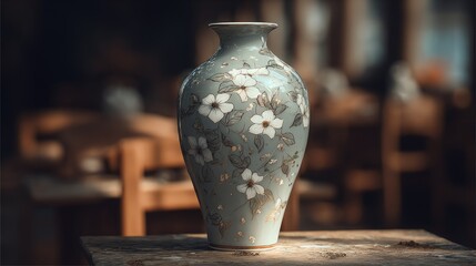 Elegant vase with white floral pattern sits on a rustic wooden surface.