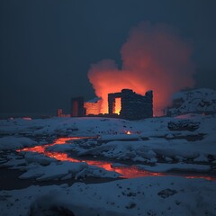 fire and ice, lava flow, molten lava, volcanic fire, arctic fire, climate change concept, global