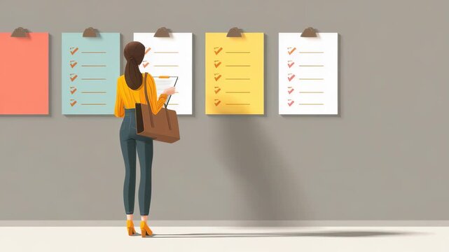 A female professional in casual attire examines multiple to do lists displayed on a wall, symbolizing task management and efficient workflow. The image highlights productivity and goal setting