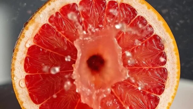Close up of a juicy grapefruit slice with water splashing.