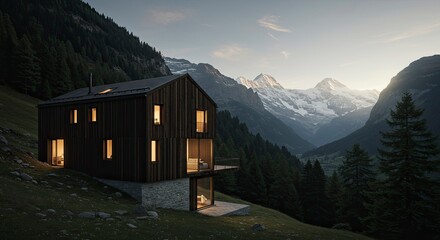 Modern Wooden Chalet Nestled in Alpine Mountains at Dusk