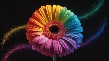 Colorful Daisy: A vibrant daisy unfolds in a mesmerizing display of colors, its petals radiating a spectrum of hues against a dark background, a symbol of beauty and nature's artistry.