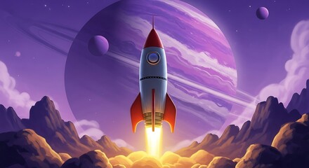 Naklejka premium Rocket Launching into Space with a Planet Backdrop.