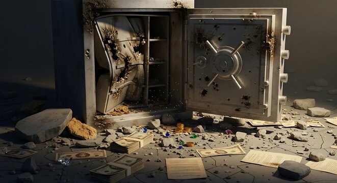 Crime scene showing a forced open safe and rubble on the floor.
