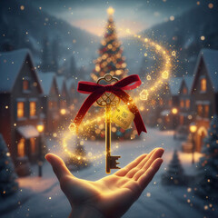 hand holds a magical golden key to a house against a winter landscape and christmas tree