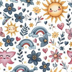 Fototapeta premium Whimsical Sun Moon and Rainbow Pattern with Floral and Heart Motifs