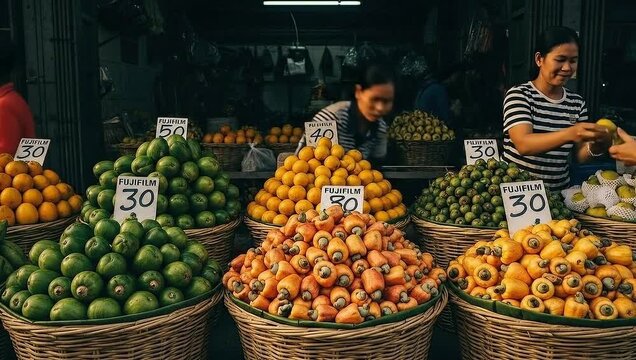 Fresh fruit market stall with vendors and abundant produce.