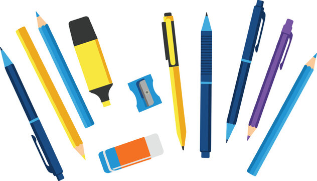 Stationery and writing tools illustration set with pens, pencils, marker, eraser and sharpener for education and office design
