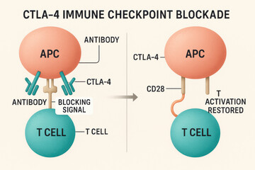 CTLA checkpoint blockade antibody blocking signal T cell activation restored medical infographic pathway diagram concise educational neutral tone