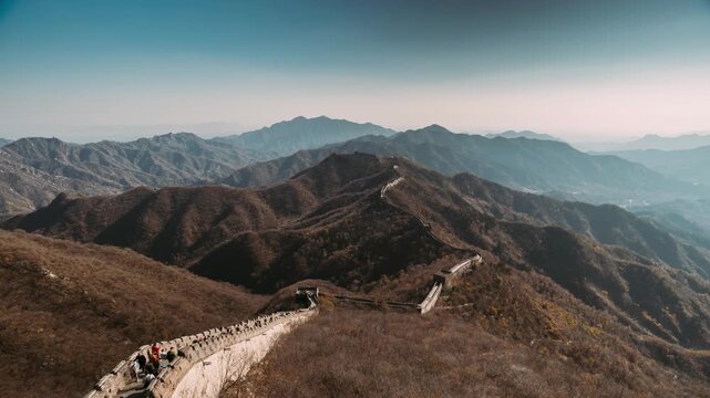 Aerial Perspective of the Great Wall Amongst Autumn Peaks