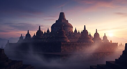 Naklejka premium Majestic Borobudur Temple at Dawn - A Spiritual Journey.