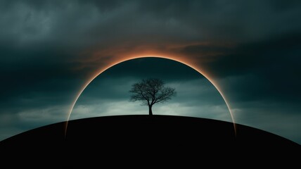 Mystical Landscape: A solitary tree stands against a dramatic sky with a surreal circular glow, evoking a sense of wonder and the unknown. 