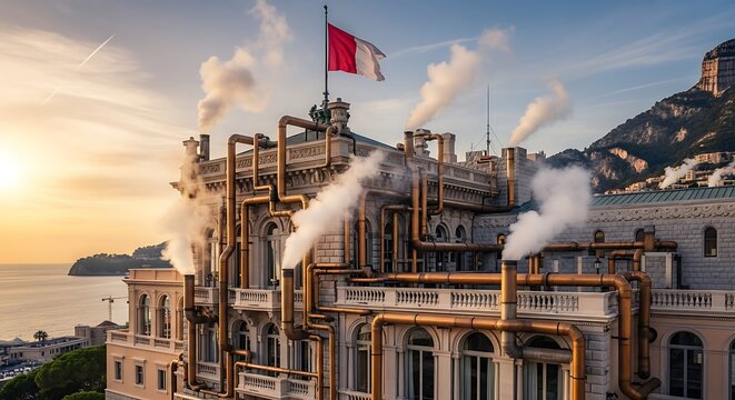 Monaco Oceanographic Museum with Steam Vents and Flag at Sunset.