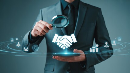 Business Deal Assessment: A poised professional examines a business deal through a magnifying glass, set against a futuristic digital interface