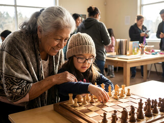 Abuela y nieta jugando al ajedrez