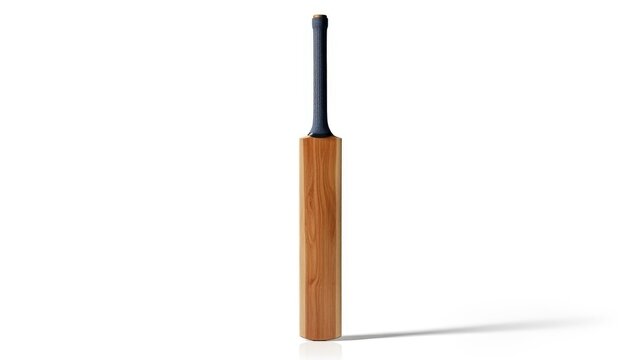 Cricket sports equipment Full length wooden cricket bat with dark blue grip casting shadow on white surface | sports, equipment, cricket.