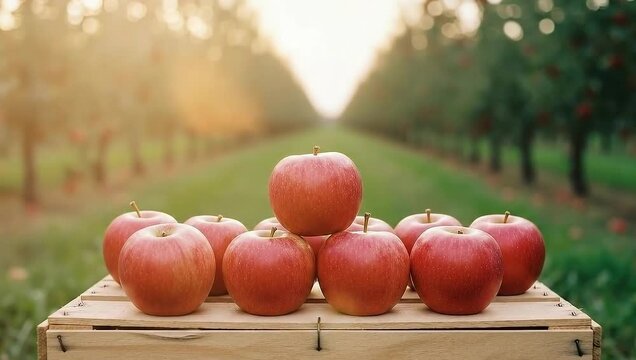 Fresh Red Apples in Wooden Crate at Orchard During Golden Hour.