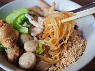 The dry noodle dish contains thin noodles, chicken meatballs, chicken lek, chicken feet, and sliced bitter melon placed in a bowl on the table. Delicious Thai food.

